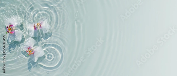 Obraz three white orchidthree white orchid flower petals in transparent rippled water texture with sunlight reflections from above, beauty spa background banner with copy space 