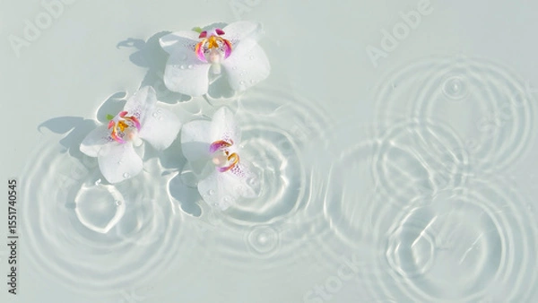 Obraz three white orchid flower petals in transparent water source with light reflections from above, beauty spa purity background concept with copy space