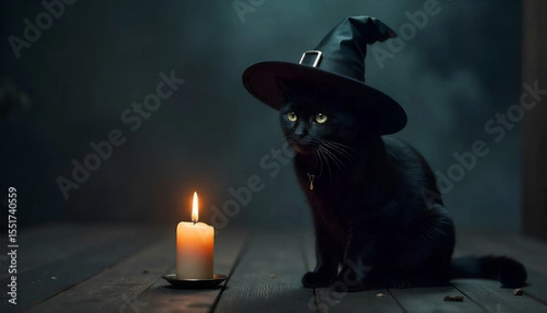 Obraz A black cat in a witch hat sits by a candle on a dark background, creating a spooky Halloween vibe.