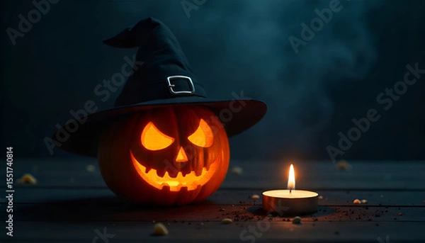 Obraz An orange pumpkin wearing a black witch hat with a glowing candle beside it, set against a dark night background, creating a spooky Halloween atmosphere.