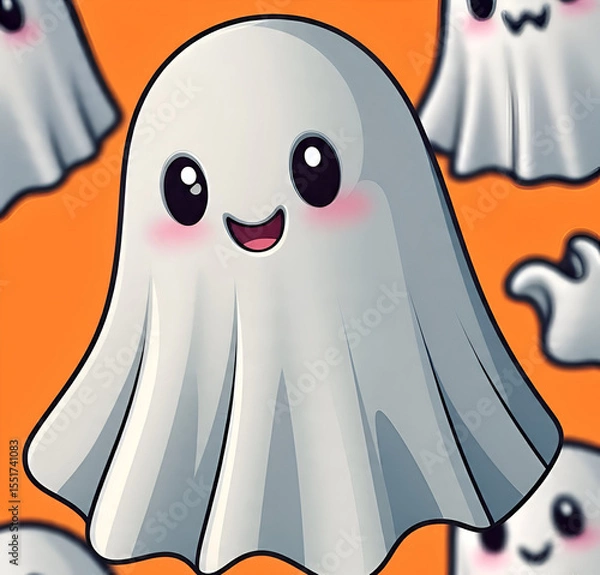 Obraz A white cute ghost with a happy expression is isolated on an orange background, creating a fun and friendly Halloween-themed design.

