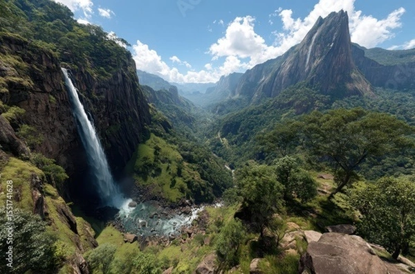 Fototapeta Breathtaking View of Majestic Waterfall Surrounded by Lush Green Mountains Under Bright Blue Sky and Fluffy White Clouds in Remote Wilderness