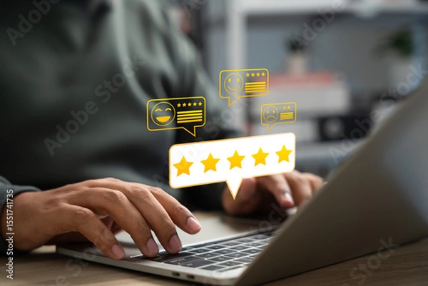 Fototapeta Online customer satisfaction Survey service concept, client rate service from experience in application,Consumer give five-Stars and feedback review for quality, Business reputation ranking from buyer