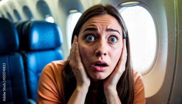 Fototapeta A young Caucasian woman with long brown hair looks anxious while sitting on an airplane. She has her hands on her face, expressing fear or concern.