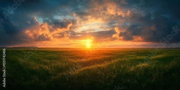 Fototapeta Sunset over Golden Fields with Dramatic Sky and Cloud Patterns