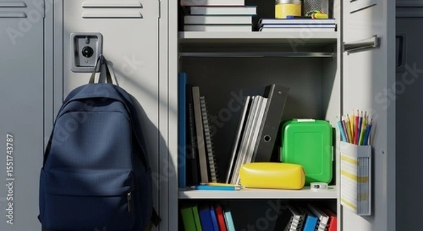 Obraz Organized open school locker with backpack, books, and supplies