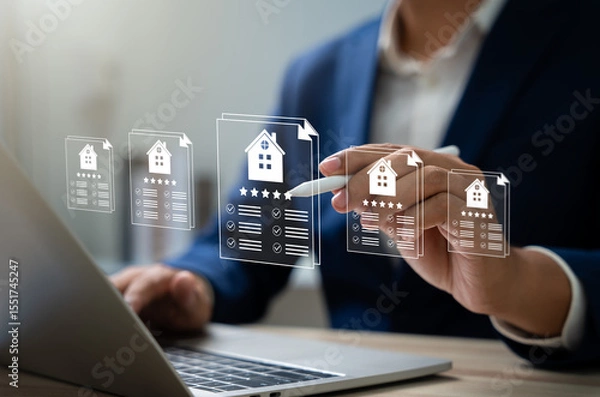 Fototapeta Businessman reviews real estate documents on laptop, Online property management, Digital housing contract, investment planning, Smart organization of real estate transactions using modern tools.