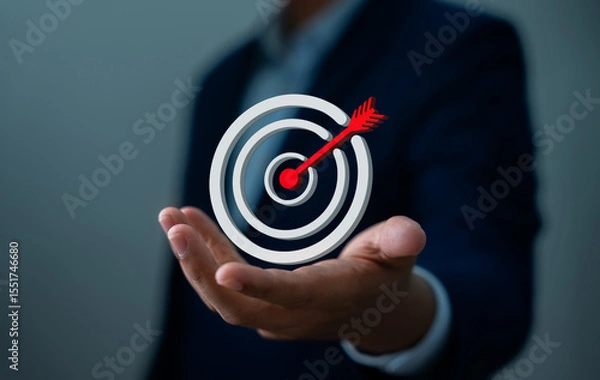 Obraz Businessman holding goal icon represent strategic planning, Success. Teamwork, Business strategy, Growth, Marketing focus, Investment planning, Leadership mindset aimed at achieving long-term success.