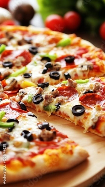 Fototapeta Supreme pizza loaded with melted cheese, pepperoni, vegetables, black olives resting on wooden pizza peel, single slice partially detached
