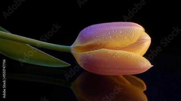 Fototapeta Tulip with Reflected Light on Curved Petal Against Dark Background