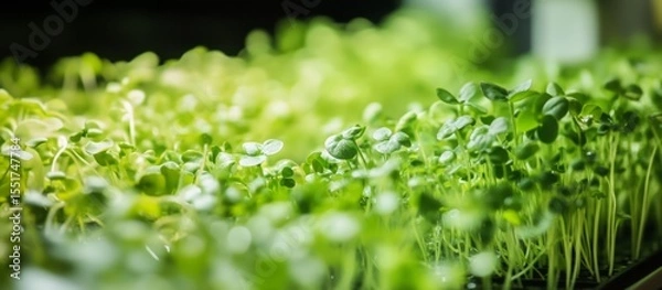 Fototapeta Microgreens are growing densely in an indoor vertical farm, thriving under the bright glow of grow lights, showcasing modern agricultural techniques for sustainable food production