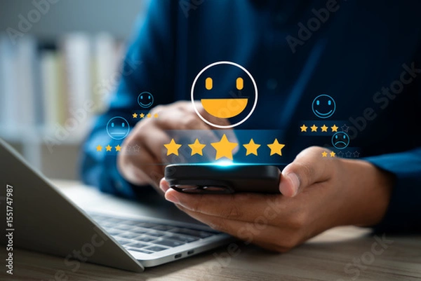Fototapeta Customer using tablet give five star rating, Submit satisfaction survey through online application. Positive feedback highlight excellent service and product quality, improving brand reputation.