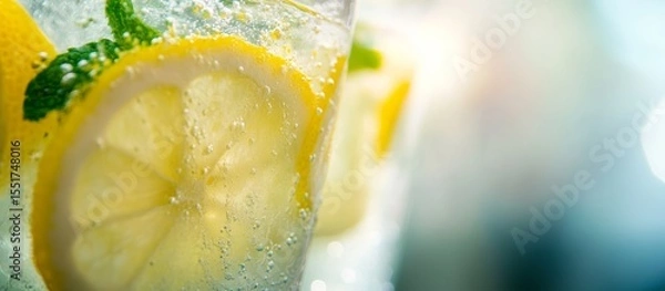 Fototapeta Glass brimming with sparkling water, decorating lemon slices and mint leaves for refreshing summer hydration