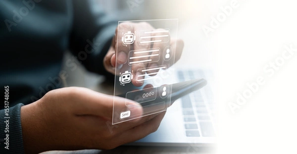 Fototapeta Businessman uses AI chatbot on smartphone for digital communication and customer service. Smart virtual artificial intelligence assistant, Intelligent system in today business and daily life world.