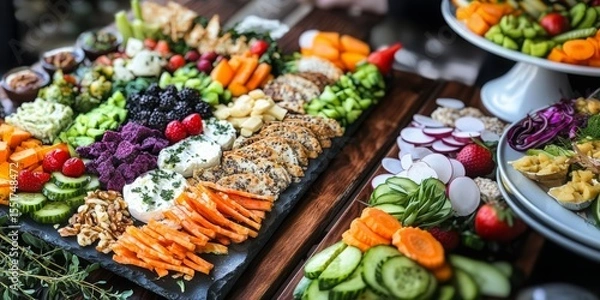 Fototapeta Colorful catering food table displaying a variety of appetizers including fresh fruits, vegetables, cheese, crackers, and dips, perfect for a party or event