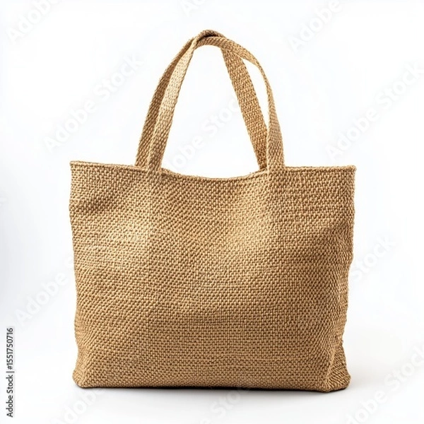 Fototapeta Light Brown Woven Jute Tote Bag with Sturdy Handles Displayed Against a Clean White Background for Fashionable and Eco-Friendly Shopping Use