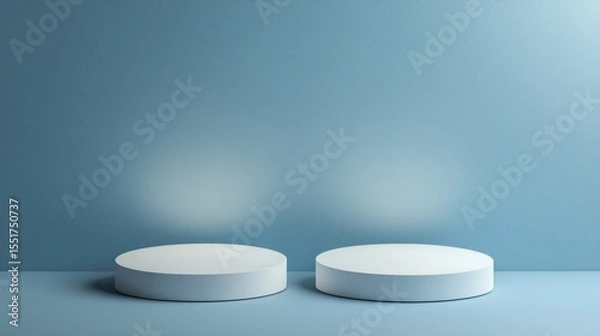 Fototapeta Two cylindrical white podiums on light blue floor and wall, subtly illuminated from below, creating a serene and modern display environment for products