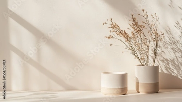 Fototapeta Elegant composition of two off-white cylindrical vases with dried beige flowers on a light surface, illuminated by soft sunlight against a wall