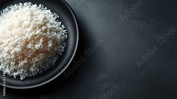 Fototapeta Close-up high-angle shot of fluffy white rice on a dark plate against gray background with empty space for creative food presentations and designs.