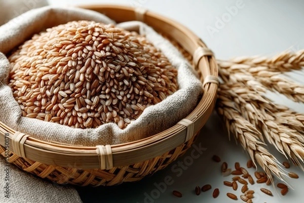 Fototapeta Close-up of a bamboo basket overflowing with unhulled brown rice on a light linen cloth with wheat stalks arranged elegantly nearby, rich textures and colors.