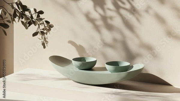 Fototapeta Pale teal boat-shaped serving dish with two smaller teal bowls on a light beige surface with eucalyptus sprig and dd sunlight background