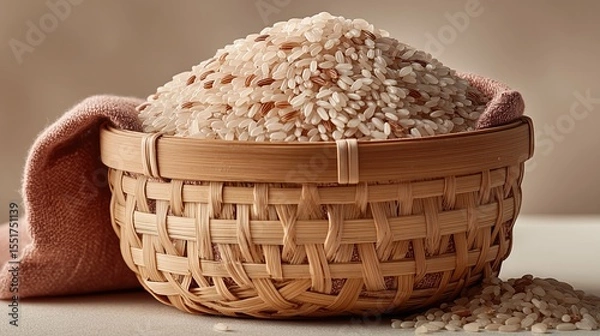 Fototapeta A light brown woven basket filled with white and brown rice partially covered by a dusty rose cloth on a soft light-colored surface background