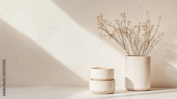 Fototapeta Minimalist still life composition featu two stacked ceramic bowls alongside a tall vase filled with dried light brown flowers on a pale background