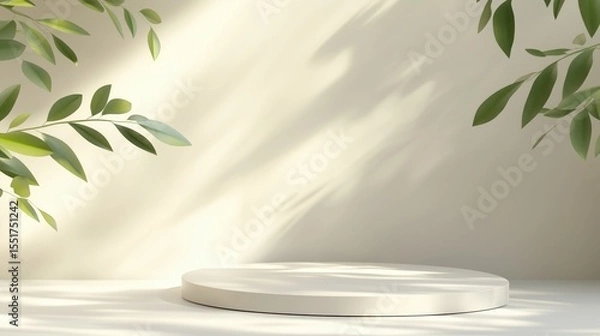 Fototapeta Minimalist scene with round white pedestal surrounded by leafy branches and sunlight casting dd shadows on a soft cream background in harmony