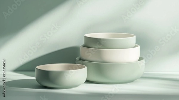 Fototapeta Elegant Stack of Three Muted Green and Off-White Ceramic Bowls Delicately Placed on Pale Green Surface Bathed in Soft Dd Sunlight