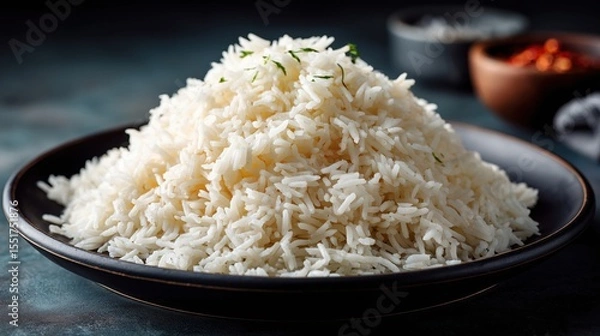 Fototapeta Fluffy white rice in a dark bowl with blurred spices in the background creating a warm and inviting culinary setting for food lovers and chefs alike