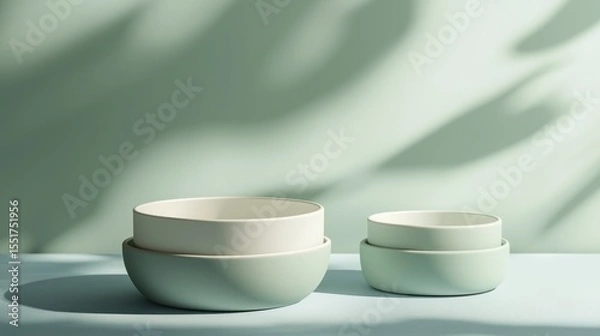 Fototapeta Stacked pale green and white bowls on light blue surface against sage green wall illuminated by beautiful leaf shadows creating a calming ambiance