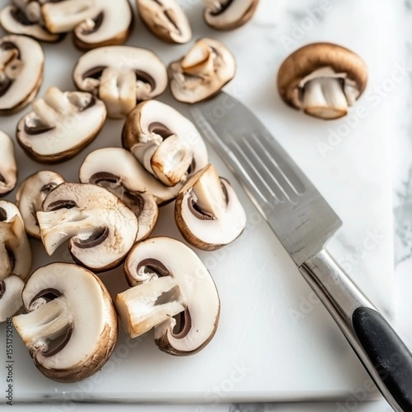 Fototapeta Sliced cremini mushrooms arranged on a white marble cutting board next to a pa knife ready for culinary preparation and delicious dishes