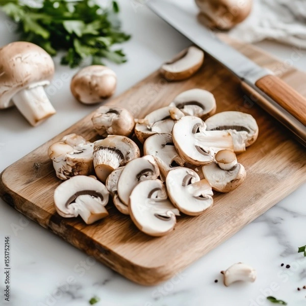 Fototapeta Sliced cremini mushrooms on wooden cutting board with whole mushrooms, fresh parsley, knife on beautiful marble surface ready for cooking