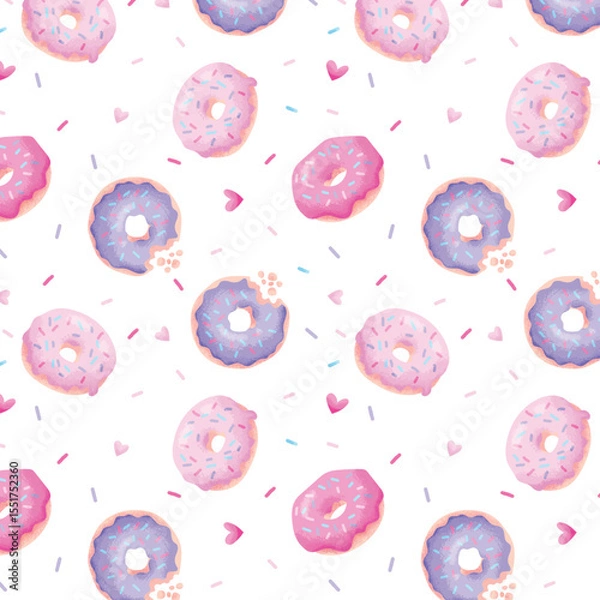 Fototapeta Seamless pattern with pink donuts. Hand drawn vector illustration. Trendy texture for print, textile, packaging.
