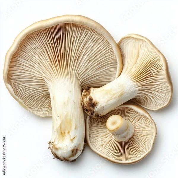 Fototapeta Close-up Overhead Shot of Three Delicate Pale Beige Mushrooms with Gills Highlighting Their Unique Texture and Structure on White Background
