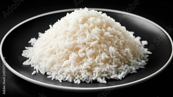 Fototapeta A Generous Serving of Fluffy White Rice Piled High on a Dark Gray Plate Against a Black Background Relishing Its Simplicity and Wholesomeness