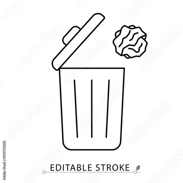 Obraz A trash can icon in minimalist style with editable stroke. Waste container, garbage bin, rubbish disposal, recycling object, sanitation equipment, crumpled paper, outline element, vector line drawing.