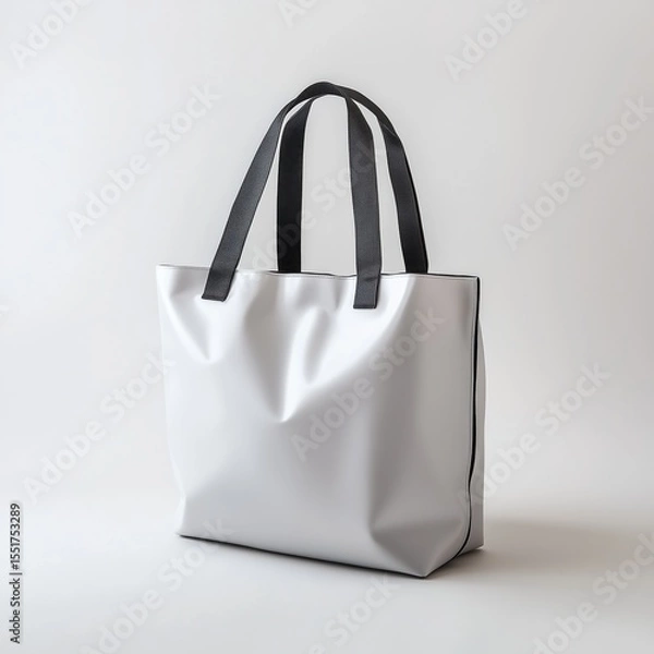 Fototapeta Sleek white tote bag with black handles and trim elegantly displayed against a clean, simple white background for modern fashion and accessories depiction