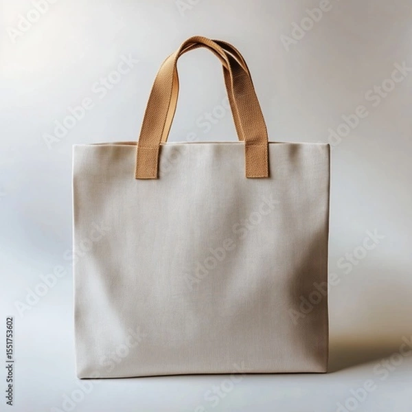 Fototapeta Minimalist Off-White Tote Bag with Tan Leather Handles Set Against a Light Gray Background for Fashion, Style, and Everyday Use Photography
