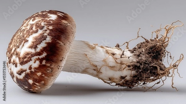 Fototapeta Close-up Detailed View of a Single Shiitake Mushroom Featu Brown Cap, Lighter Markings, Thick White Stem, Soil, and Root-Like Structures Background