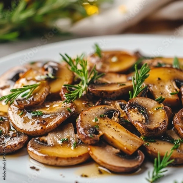 Fototapeta Close-up view of savory saut?ed mushrooms glistening in rich sauce and garnished with fresh rosemary sprigs on an elegant white plate