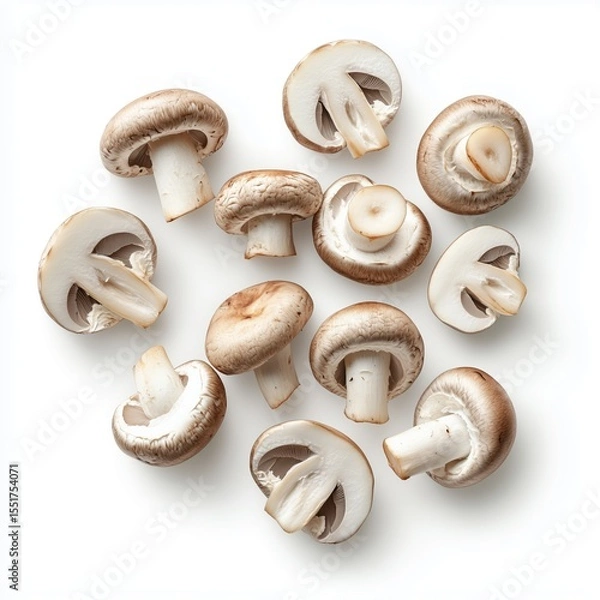 Fototapeta Fresh Brown Cremini Mushrooms Scattered on a White Background Ideal for Culinary Use, Healthy Cooking, and Food Presentation Concepts Photography