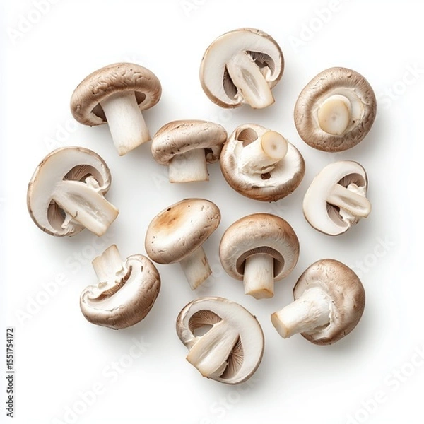 Fototapeta Whole and Halved Cremini Mushrooms on White Background showcasing Fresh Produce for Culinary and Food Presentation Ideas in Cooking Recipes Photography