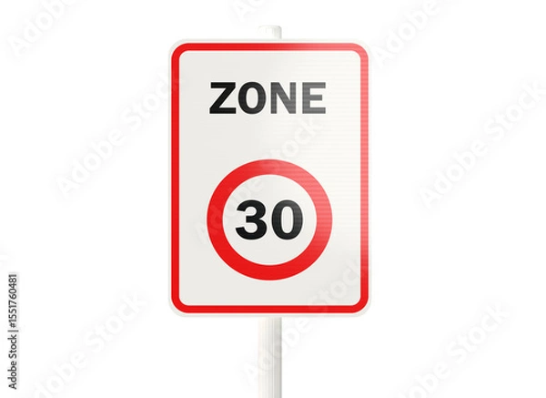 Fototapeta Zone 30, panneau routier Français pour indiquer une zone limitée à 30 km/h - rendu 3D sur fond transparent