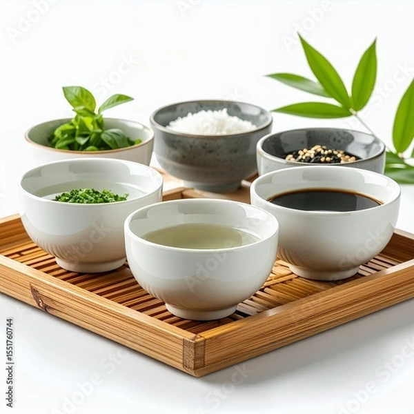 Obraz Zenith oriental condiments assortment exquisitely arranged on wooden tray on white background