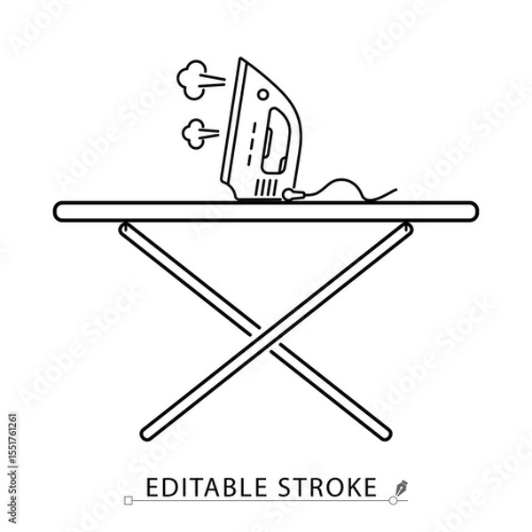 Obraz An ironing board with iron icon in minimalist style with editable stroke. Household equipment, steam ironing, laundry item, clothing care, home appliance, outline object, vector line illustration.