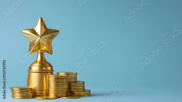 Fototapeta Golden Star Trophy with Stacked Gold Coins on Blue Background, Financial Success and Achievement Concept, Business Excellence Award and Wealth Visualization, Investment and Profit Metaphor