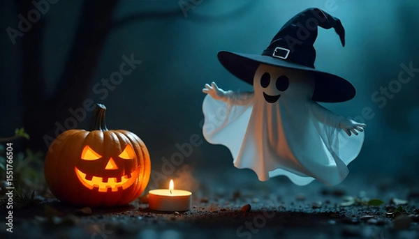 Obraz A white ghost wearing a black witch hat stands beside a burning pumpkin and a glowing candle, set against a dark black night background for a spooky Halloween scene.
