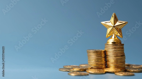 Fototapeta Golden Star Trophy with Stacked Gold Coins on Blue Background, Financial Success and Achievement Concept, Business Excellence Award and Wealth Visualization, Investment and Profit Metaphor