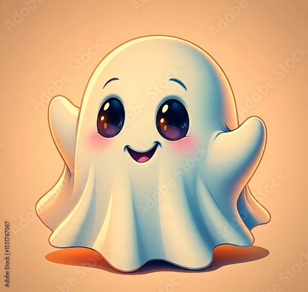 Obraz A cute white ghost character is isolated on an orange background, giving a fun and friendly Halloween vibe.